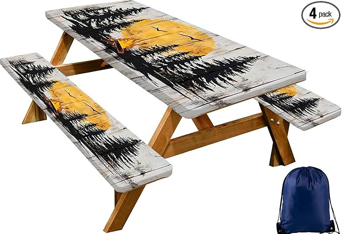 CAPSCEOLL Fitted Picnic Table Cover with Bench Covers with Elastic 6Ft Waterproof Camping Picnic Table Cover Cloths for Outdoors Tablecloth with Drawstring Bag, 72X30in, Camping on Wood