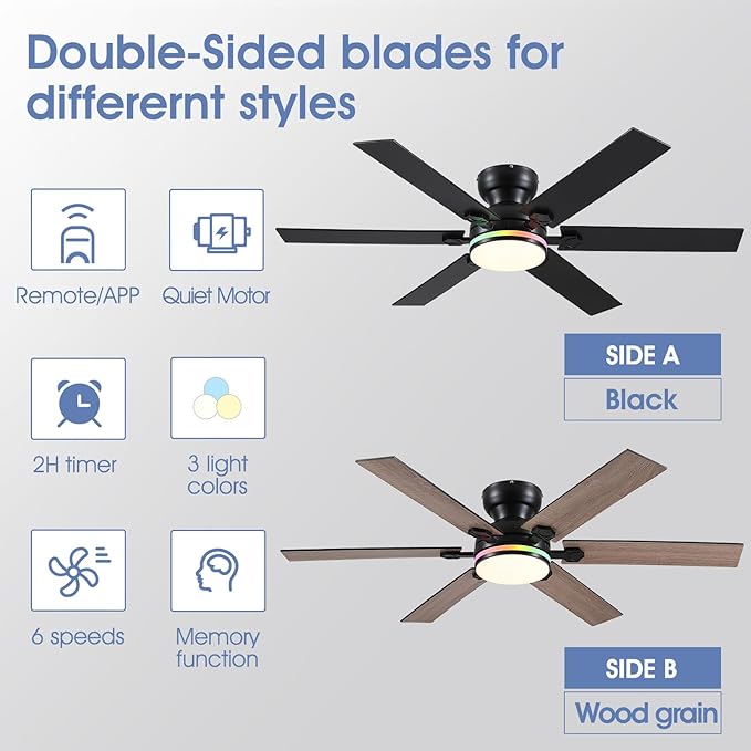 52" RGB Ceiling Fans with Lights and Remote/APP,Black Low Profile Ceiling Fans with Quiet Reversible DC Motor,Modern Flush Mount Fans Light for Bedroom Kids Room