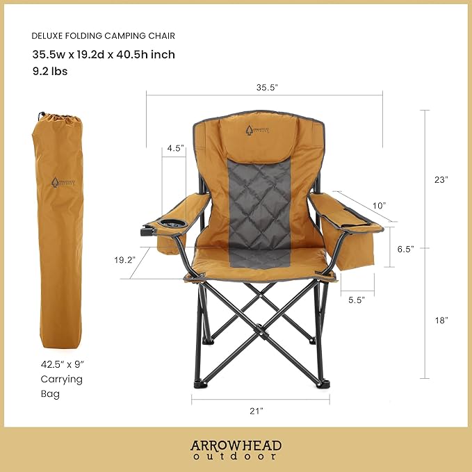 ARROWHEAD OUTDOOR 2-Pack Portable Folding Camping Quad Chair w/ 6-Can Cooler, Cup & Wine Glass Holders, Heavy-Duty Carrying Bag, Padded Armrests, Headrest & Seat, Supports up to 550lbs
