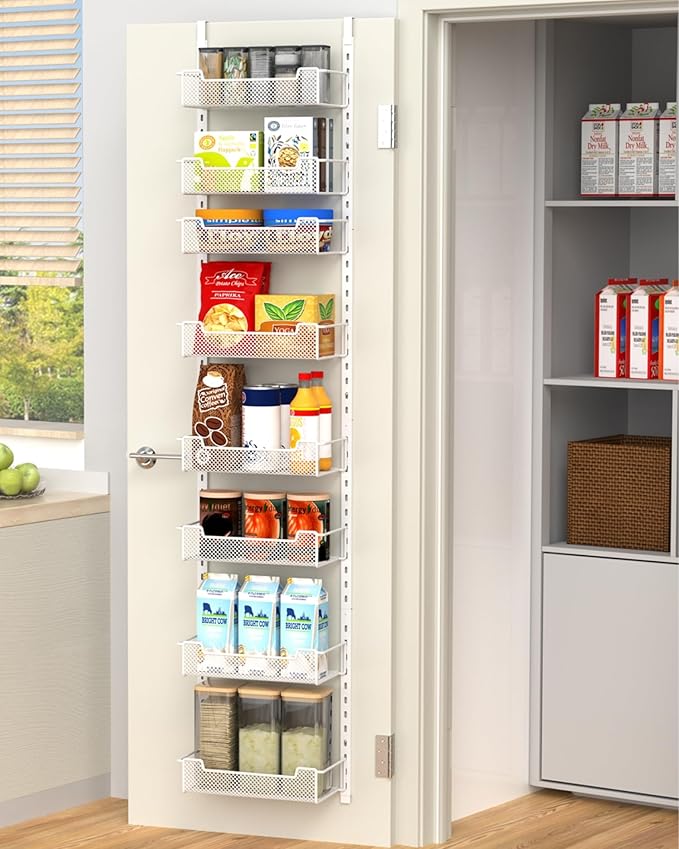 12.3" W Narrow Over the Door Pantry Organizer, 8-Tier Over the Door Organizer with Adjustable Basket, Pantry Door Organization for Pantry Kitchen Storage Room Spice Rack, White