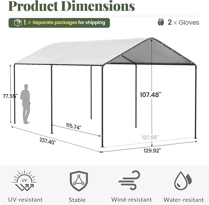 Carport, 10‘ x 20’ Heavy Duty Portable Garage All-Season Car Canopy w/Removable Sidewall & Doors, Carport Canopy Party Tent w/Water-Resistant Tarp for Backyard (White, 10' x 20' /no Side)