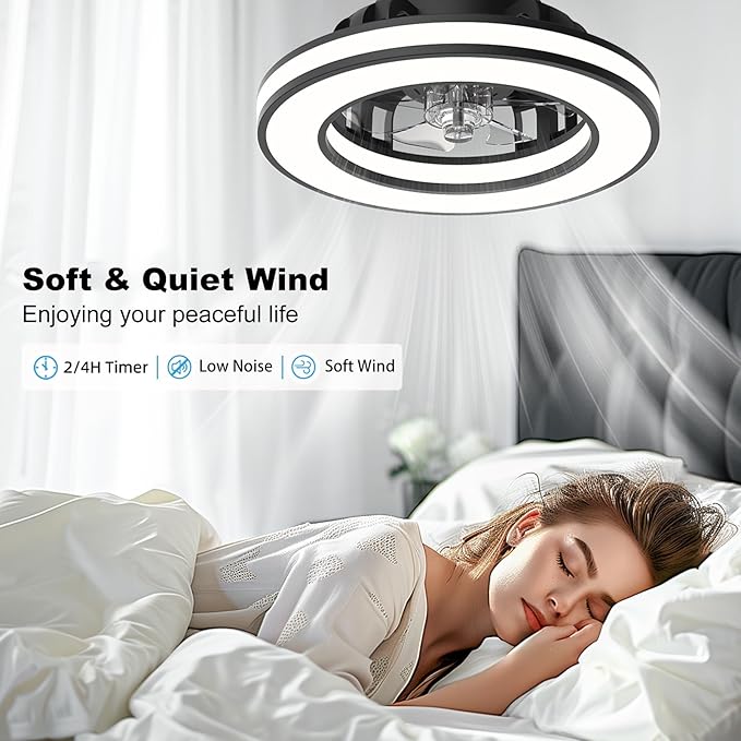 Ceiling Fans with Lights, 16'' Modern Low Profile Ceiling Fan Light with Remote, 3000-6500K Dimmable LED Fan Light, 6 Speeds Small Flush Mount Ceiling Fan for Bedroom, Kids Room (Black)