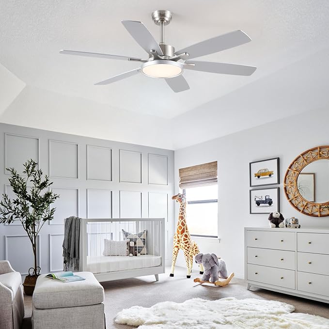 52 inch Modern Ceiling Fans with Lights Remote/APP Control,Modern Flush Mount Ceiling Fan,DC Reversible Motor, 3CCT,Surper Bright Dimmable LED Ceiling Light with Fans for Bedroom, Livingroom Nickel