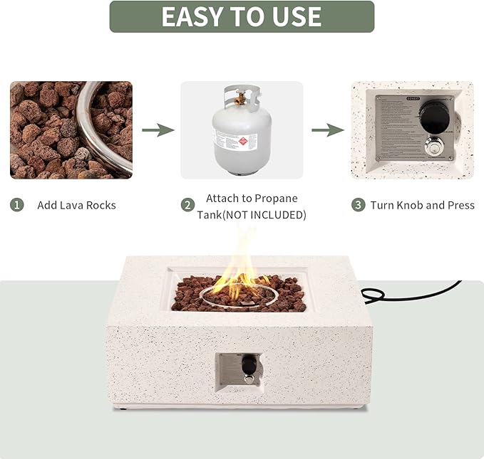 COSIEST Outdoor Propane Fire Pit Coffee Table w Square Faux Stone 35-inch Base, 50,000 BTU Stainless Steel Burner, Free Lava Rocks and Rain Cover