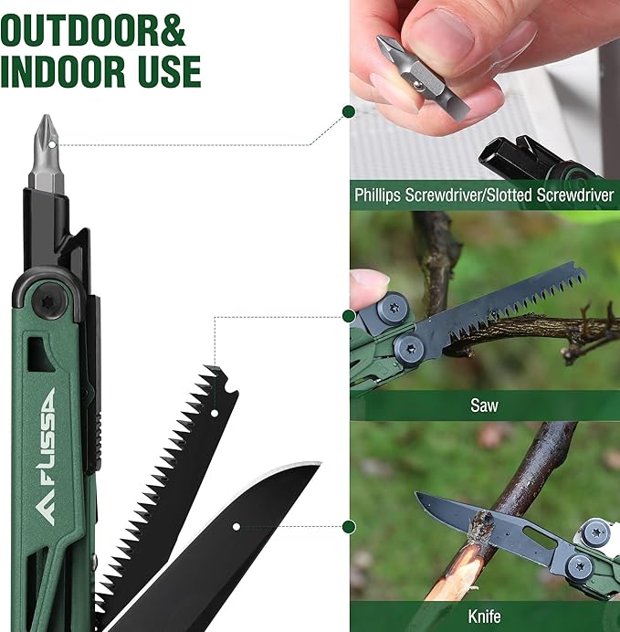 FLISSA Multitool, 15-in-1 Multi Tool Pocket Knife with Sheath, Stainless Steel EDC Multitool Pliers for Men, All-in-One Tools for Camping, Fishing, Survival