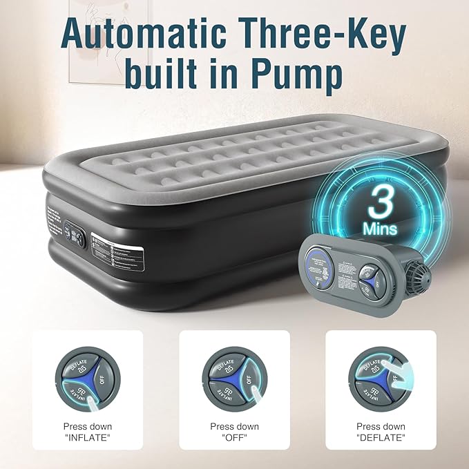 Twin Air Mattress Twin with Built in Pump 16" Double Height Inflatable Mattress with Soft Flocked Top & Carry Bag Adjustable Blow Up Mattress Portable Air Bed for Guest Indoor Travel-Black