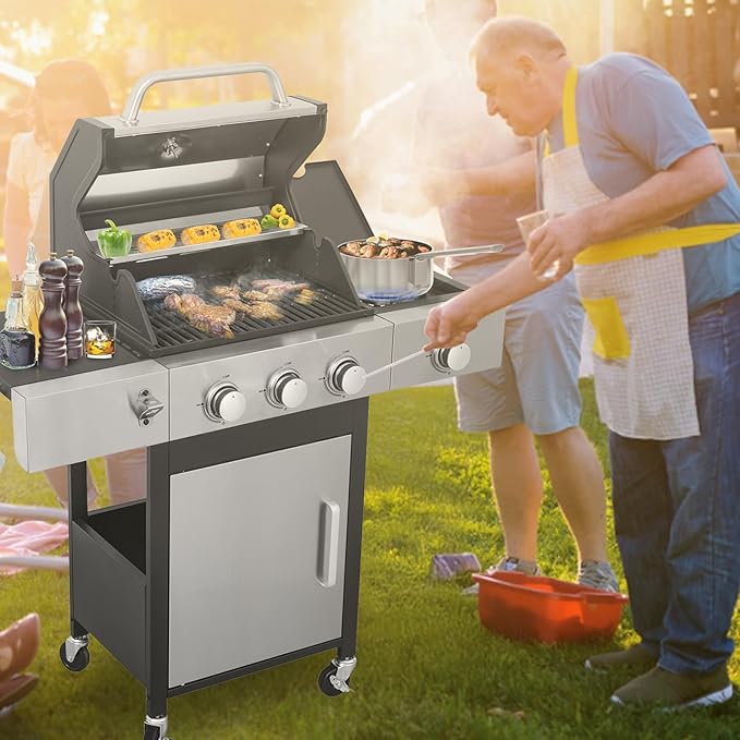3 Burner Gas Grill with Side Burner, Dual-sided Frying Plate, Thermometer, Wheels, Side Tables, Stainless Steel Burner, 37,230 BTU Outdoor Grill for Patio, Garden, Balcony