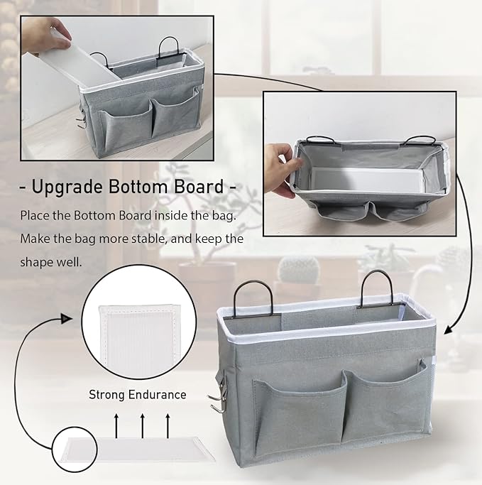 2pcs Middle Wall Hanging Organizer Bag, Linen Fabric Door Hanging Storage Basket with Pockets, Waterproof Bin for Kitchen, Bedroom, Office, RV Camper (Gray)