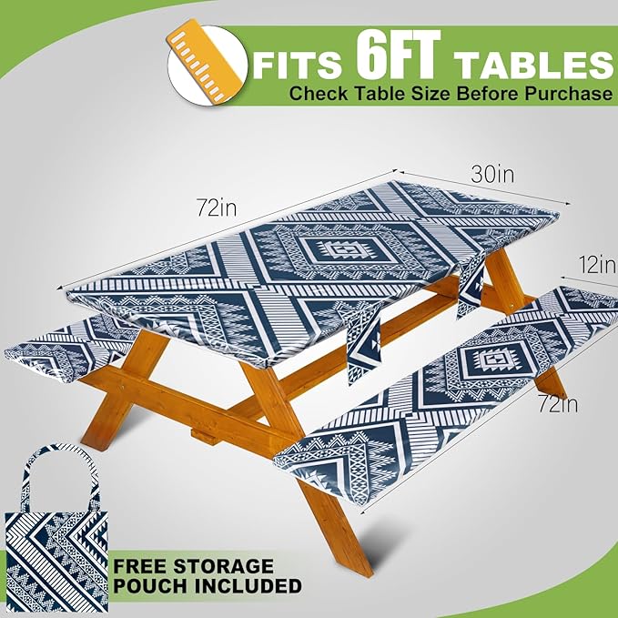 Fitted Picnic Table Cover with Bench Covers Waterproof Elastic Edges Rectangle Patio Tablecloth Outdoor Camping Essentials Stuff Rv Accessories Summer Trip Travel Camper Gifts for Woman Men, 72in 6 ft