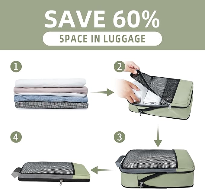 BAGAIL 4 Set/6 Set/8 Set Compression Packing Cubes Travel Accessories Expandable Packing Organizers (Half Mesh, 6-Matcha Green)