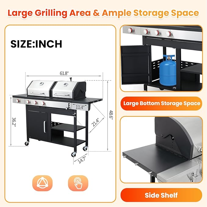 3 Burner Propane Gas BBQ Grill with Side Burner, Porcelain-Enameled Cast Iron Grates, Smoke Control Handle, 37,230 BTU Stainless Steel Grill for Outdoor Camping Barbecue Grilling Backyard Cooking