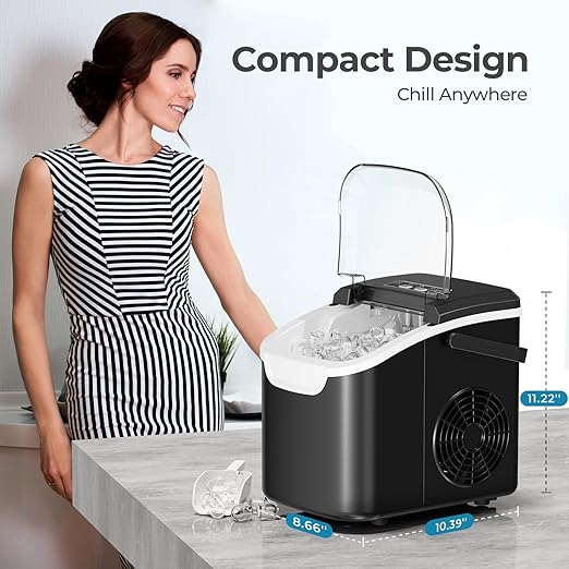 Antarctic Star Countertop Ice Maker Machine, 8 Ice Cubes in 6 mins, 26lb/Day Ice with 2 Sizes- Portable Mini, Energy Saving & Basket/Scoop for Home/Party/Travel/Camping/Bar, Dark Black