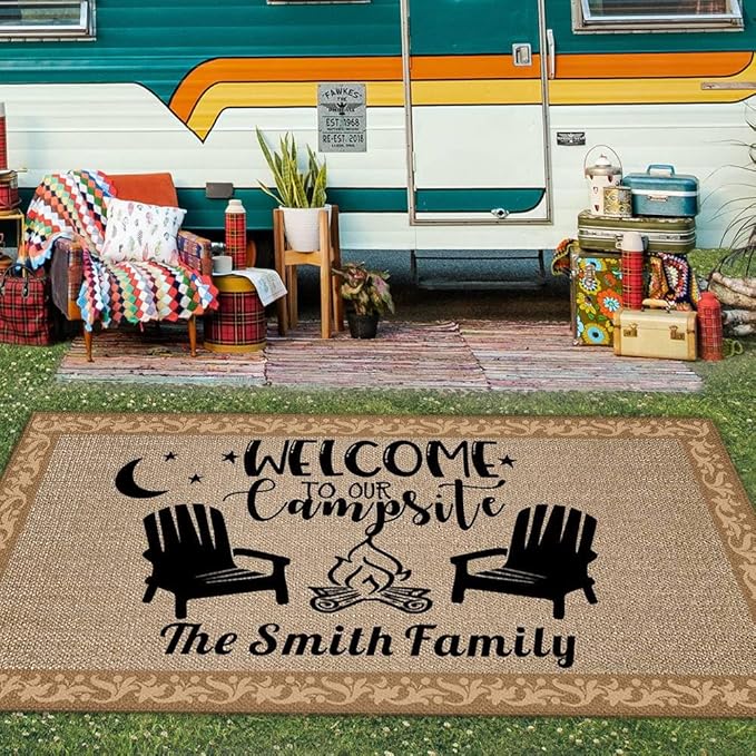 Custom Camping Rug Welcome to Our Campsite RV Trailer Decor Camper Floor Mat for Outdoors, Patio, Backyard, Picnic, Beach, Camping, 30 x 55 Inch (20 RV Optional)