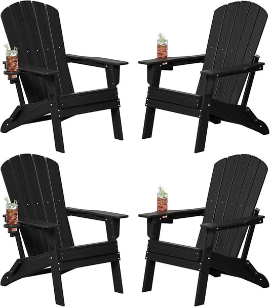 Folding Adirondack Chair Set of 4, Cup Holder，Wooden Textured ，Heavy All-Weather HDPE Comfortable Set Poolside Backyard Lawn Black