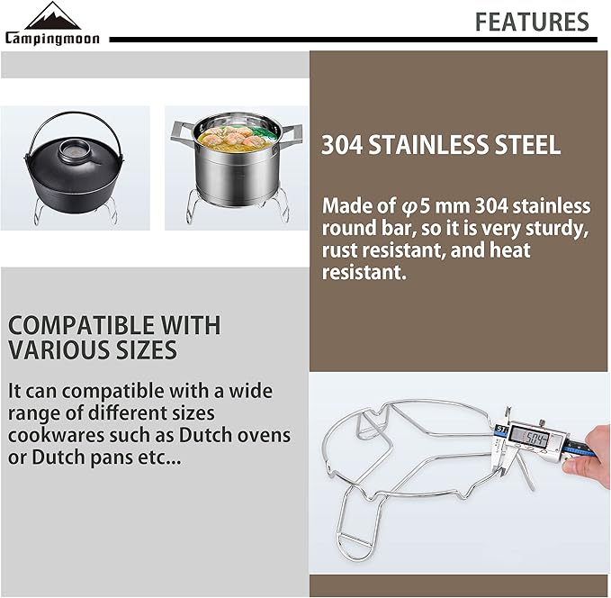 CAMPINGMOON Camping Campfire Trivet Cooking Stand Open Fire Tripod MS-69 Stainless Steel