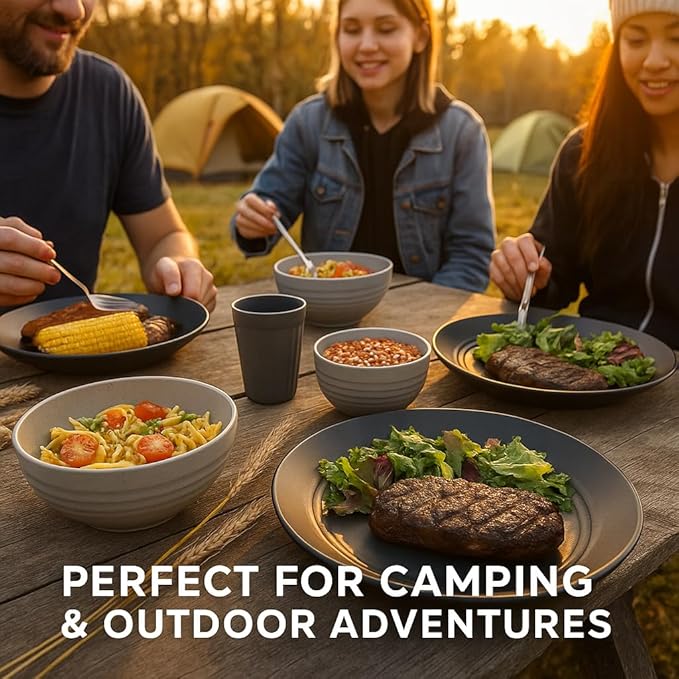 Fern & Soul Wheat Straw Dinnerware Sets, Dish Set for 8, 24 pcs with Storage Bag. Unbreakable, Dishwasher Safe, Kitchen Plastic Plates Bowls Sets, College Dorm, RV Camping Dishes Plate Set (Beige)