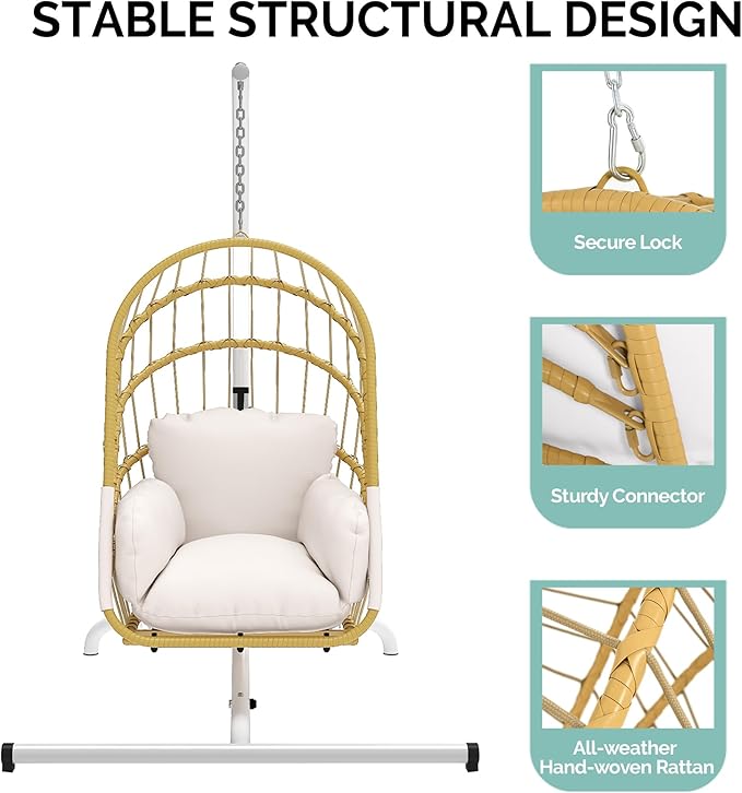 YITAHOME Hanging Egg Chair with Stand, Rattan Wicker Swing Egg Chair with Cushion, 370lbs Capacity, Foldable Hanging Basket Chair for Porch, Garden, Bedroom, Balcony - Beige