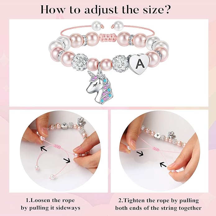 Hidepoo Unicorn Bracelet Gifts for Girls - Adjustable Pink Pearl and Rhinestone Balls Heart Initial Unicorn Bracelets Jewelry CZ Unicorn Bracelet Birthday Gifts for Girls