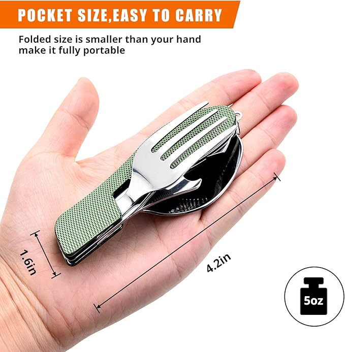 HIKENTURE Camping Utensils 2 Pack, 4-In-1 Stainless Steel Spoon Fork Knife Set Backpacking Travel Cutlery Metal Multitool Boy Scout(Green 2pack)