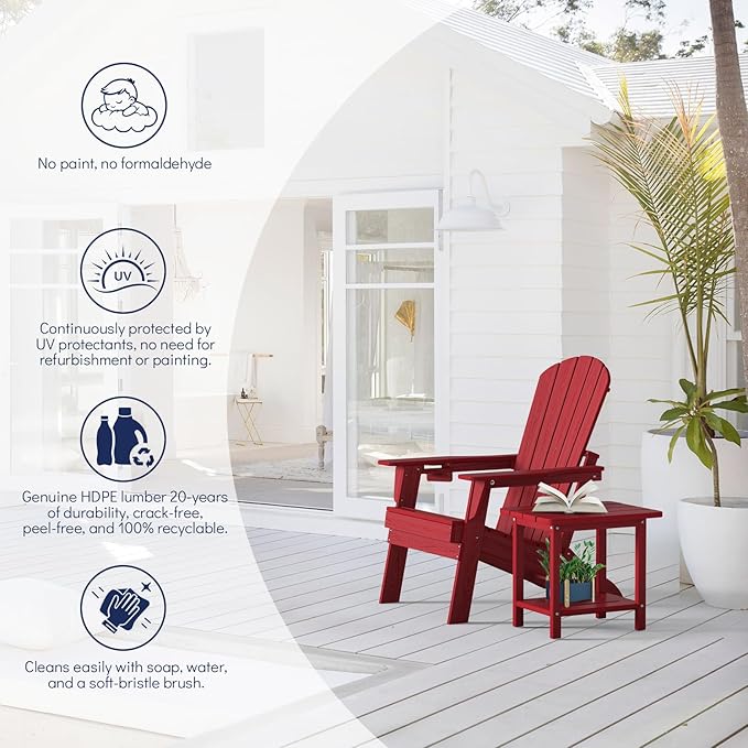 Folding Adirondack Chair, SGS Tested, Wooden Textured with Cup Holder, Heavy All-Weather HDPE Outdoor Chairs for Patio Backyard Lawn,Red