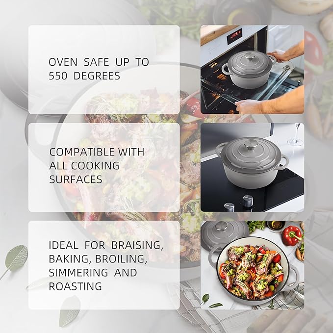4.5 Quart Dutch Oven Enameled Cast Iron with Lid - Big Dual Handles - Oven Safe up to 500°F - Classic Round Pot for Versatile Cooking Light Gray