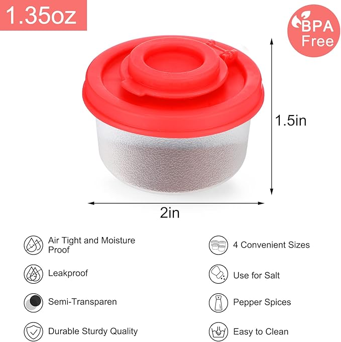 4 Pcs Salt and Pepper Shakers Set Mini Plastic Pepper Shaker with Lid Damp Proof Popcorn Containers Clear Spice Jars Salt Shaker for Travel Camping Picnic Lunch Dining Kitchen (Red, Small)