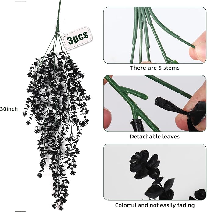 Black Hanging Flowers Faux Hanging Plants Black Artificial Hanging Plant Fake Greenery Faux UV Resistant Hanging Vines Plant for Indoor Outdoor Wedding Halloween Party Fall Wall Room Door Decor