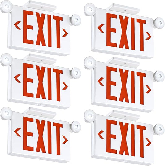 Gruenlich Exit Signs with Emergency Lights, 2 Adjustable LED Head with Battery Backup, 94V-0 Fire Resistant, AC 120/277V, Hardwired Commercial Emergency Light Combo for Business, 6 Pack