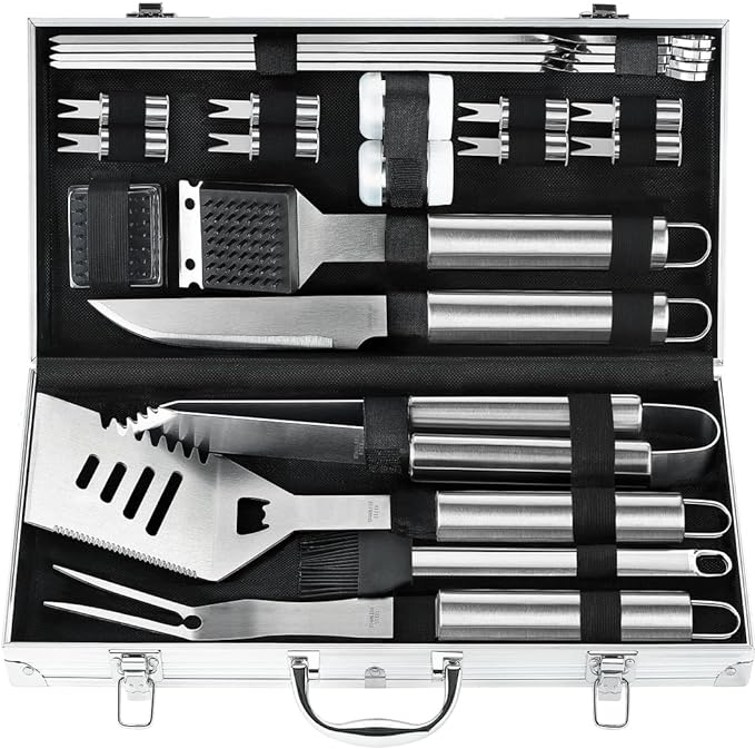 POLIGO 22PCS Heavy Duty BBQ Grill Accessories Set, Non-Slip Grill Tools for Outdoor Grill Set Thicker Stainless Steel Grill Utensils Set, Deluxe Grilling Tools Set in Aluminum Case Ideal Gifts for Men