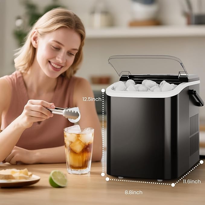 DUMOS Fast & Quiet Ice Maker for Countertop – 9 Bullet Cubes in 6 Mins, 26lbs/Day, Self-Cleaning Portable Ice Machine with Handle for Home, Kitchen, Dorm, Black