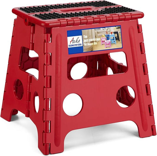 ACKO Folding Step Stool - 13" Height Premium Heavy Duty Foldable Stool for Kids and Adults, Kitchen Garden Bathroom Stepping Stool (1 Pack) Dot Red