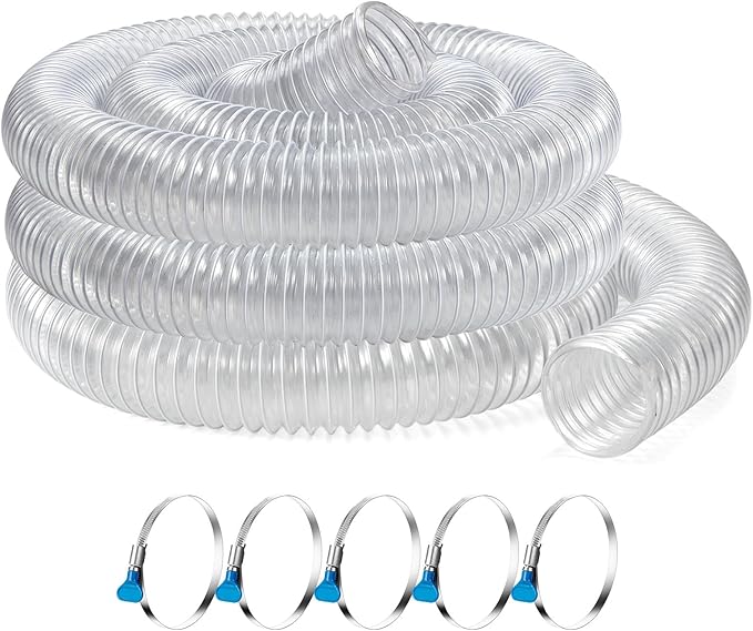 2 1/2 x 10’ Heavy Duty PVC Clear Flexible Dust & Fume Collection Hose with Carbon Steel Wire Coil, Puncture Resistant Hoses for Collectors