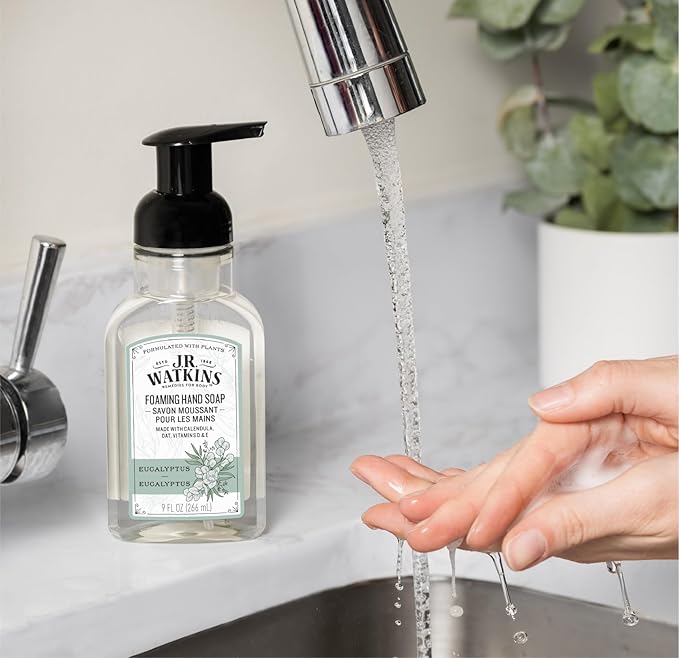 J.R. Watkins Foaming Hand Soap Pump with Dispenser, Moisturizing Hand Soap Foam, Alcohol-Free, Cruelty-Free, , Use for Kitchen or Bathroom, Eucalyptus, 9 fl oz,3 Pack