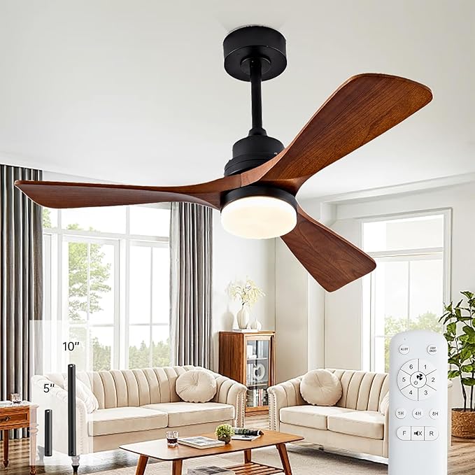 42 Inch Wood Ceiling Fans with Lights and Remote, 3 Blades Outdoor Walnut Ceiling Fans for Patio, Noiseless Reversible DC Motor, for Living Room, Farmhouse, Indoor