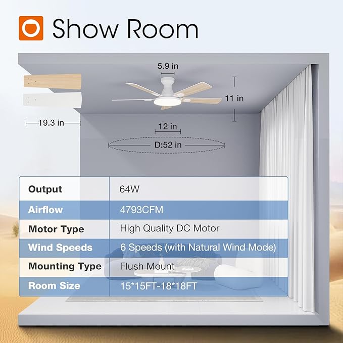 addlon Ceiling Fans with Lights, 52 inch Flush Mount Ceiling fan with Remote Control, Wall Remote, Reversible, 5CCT, Dimmable, Noiseless DC Motor, White Low Profile Ceiling Fan for Bedroom, Farmhouse