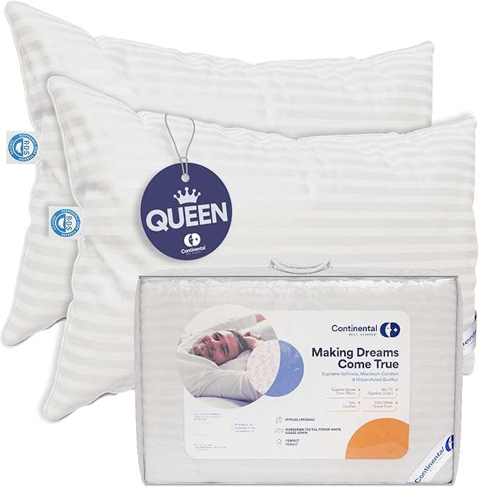 Continental Bedding Luxury Down Pillows Queen Size Set of 2 - Cool Breathable Bed Pillows for Sleeping, Back, Side, Stomach Sleepers – 700 FP, Firm