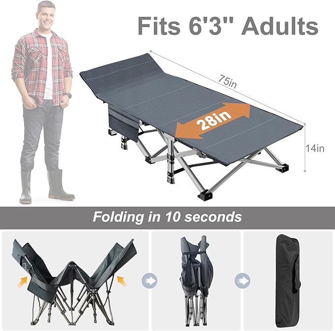 ABORON 2 Pack Folding Camping Cot W/Mat for Adults, Heavy Duty Outdoor Bed with Carry Bag,1200 D Layer Oxford Travel Camp Cots