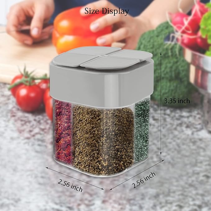 4 Pack 4 in 1 Plastic Salt and Pepper Shaker, 4 Grids Flip Empty Spice Dispensers Travel Spice Container Compartment Seasoning Shakers with Lid Travel Spice Jars with Labels for Cooking BBQ