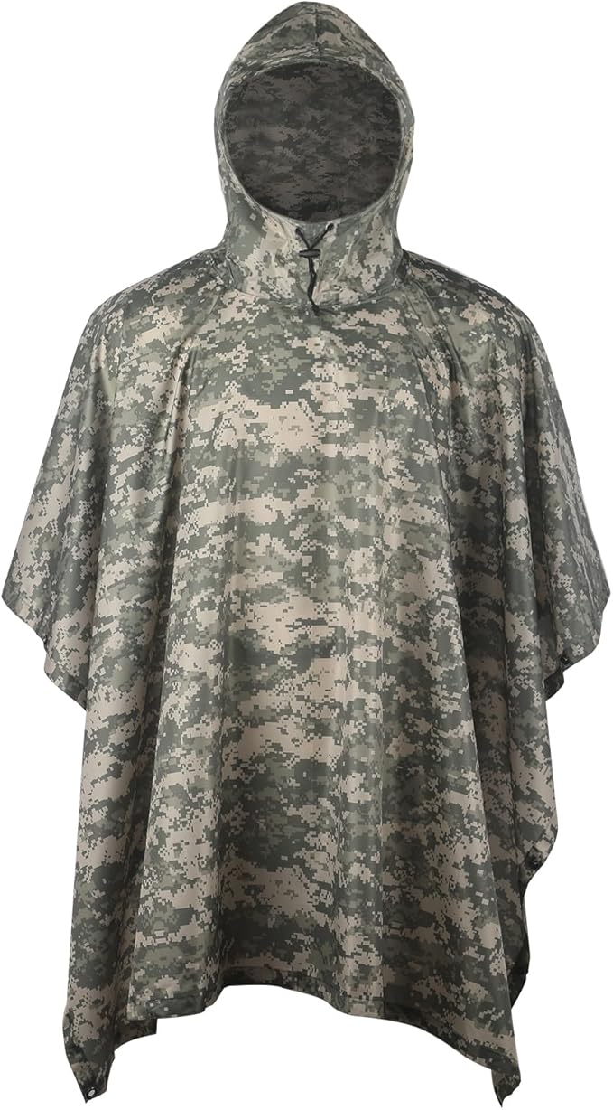 GRVCN Military Rain Poncho, Camouflage Raincoat Outdoor Waterproof Lightweight
