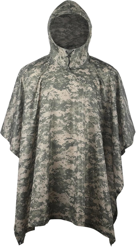 GRVCN Military Rain Poncho, Camouflage Raincoat Outdoor Waterproof Lightweight