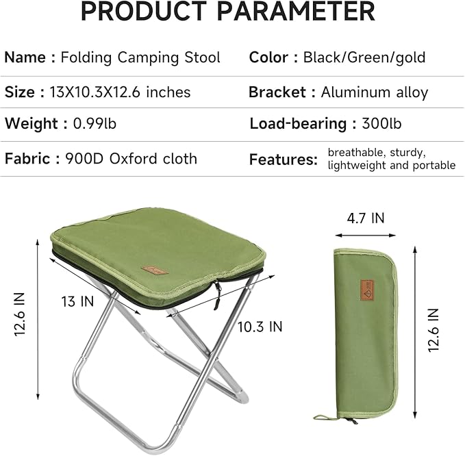 Camping Stool，Portable Foldable Stool aldult Collapsible Chairs Fishing Stool for Outdoor Hiking 300 LBS Load Green 2-Piece Set