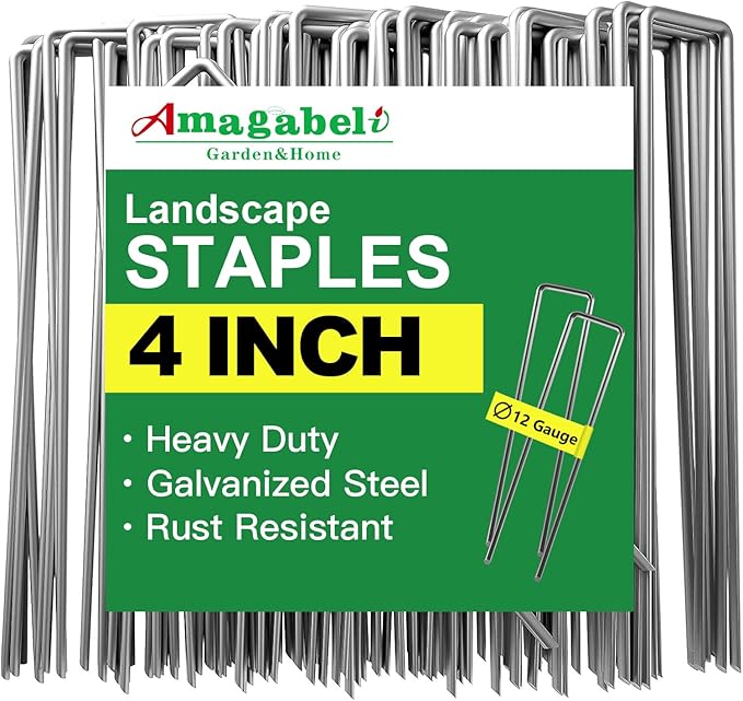 AMAGABELI GARDEN & HOME 4 Inch 50 Pack Galvanized Landscape Staples Garden Staples 12 Gauge Garden Stakes Plant Cover Stakes U-Shaped Landscape Stakes Landscape Pins for Weed Barrier Fabric