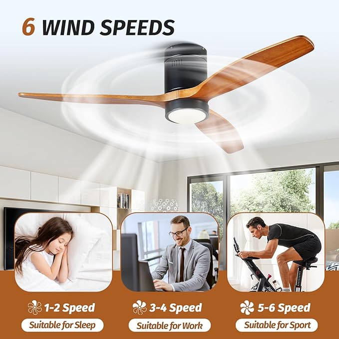 Ceiling Fans with Lights and Remote, 52 Inch Low Profile Ceiling Fan with Light, 3 Walnut Solid Wood Blade Dimmable 8H Timer 6-Speed Reversible Motor for Living Room Farmhouse Patio