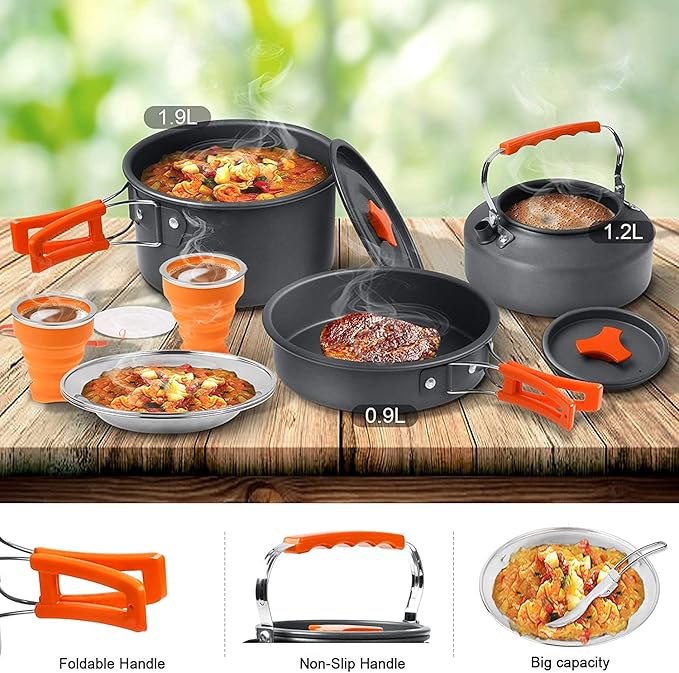 Camping Cooking Set Camping Cookware Outdoor Aluminum Mess Kit with Frying Pan, Pot with Lid, 1.2L Kettle Set and 2 Stainless Steel Plate, 2 Folding Cups and 2 Set Knives Spoons for Backpacking Picnic