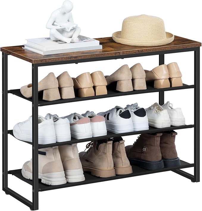 HOOBRO Shoe Rack, 4 Tier Shoe Storage Organizer with 3 Oxford Fabric Shelves and Top Panel, Holds 12-16 Pairs of Shoes for Entryway and Closet, Industrial, Rustic Brown BF47XJ01G1