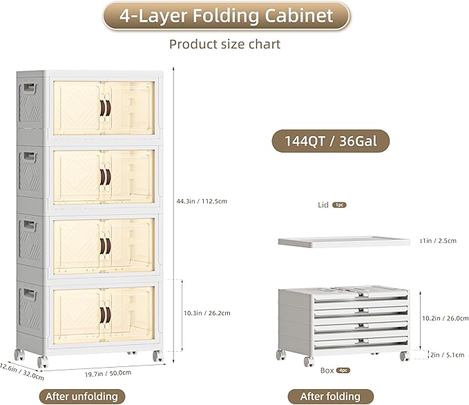144 QT / 36 Gal Stackable Storage Bins (1 Lid) w/Wheels & Magnetic Doors, Collapsible Plastic Organizer Cabinet for Closet Office Garage - White Storage Containers