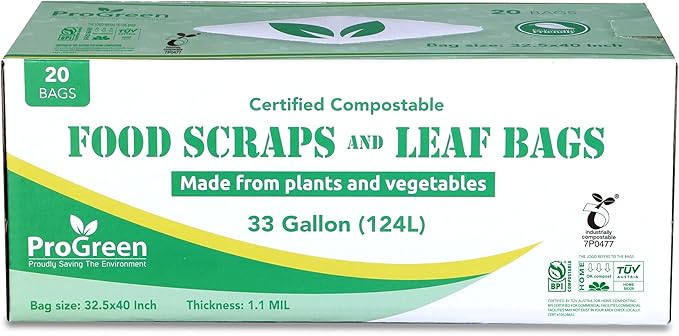Compost Bags 33 Gallon Compostable Trash Bags, Extra Thick 1.1 Mil, Compost Kitchen Bin Bags, Food Scraps Yard Waste Bags, ASTM D6400 BPI & TÜV AUSTRIA Certified