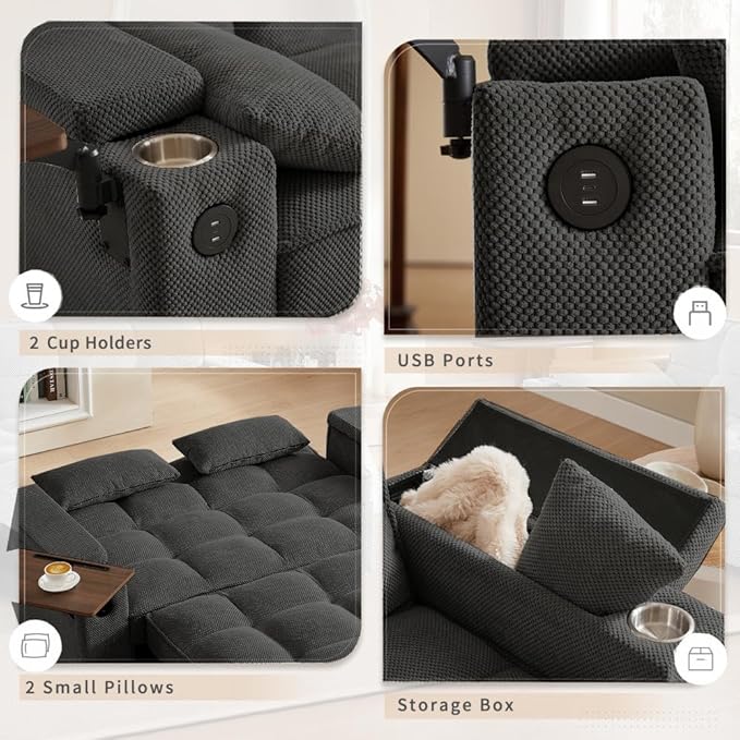 66" 3-in-1 Folding Convertible Sofa Bed, Queen Size Pullout Sofa, Modern Chenille Fabric, 360° Swivel Side Table, Easy Assembly, Perfect for Living Room (ZY-1107S-Black)