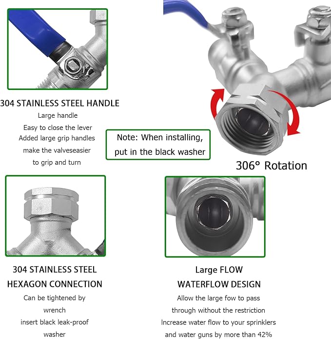 Garden Hose Splitter 2 Way 3/4" GHT Thread Heavy Duty 304 Stainless Steel Y Valve Water Hose Splitter With Long Handle