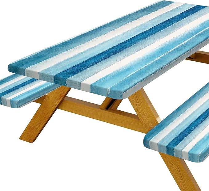 3 Pcs Picnic Table Cover with Bench Covers, 8ft Sky Blue Navy Blue Grey Stripe Elastic Edge Reusable Waterproof Table Cloth, 96x30in Fitted Picnic Tablecloth for Camping Patio Travel RV Essentials